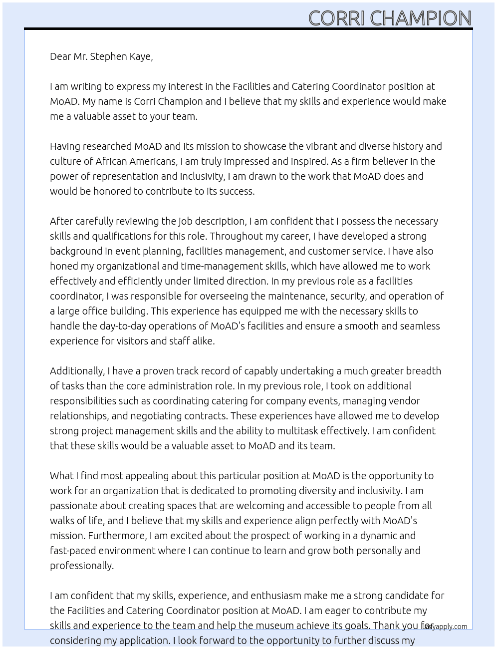 facilities and catering coordinator At MoAD Cover Letter