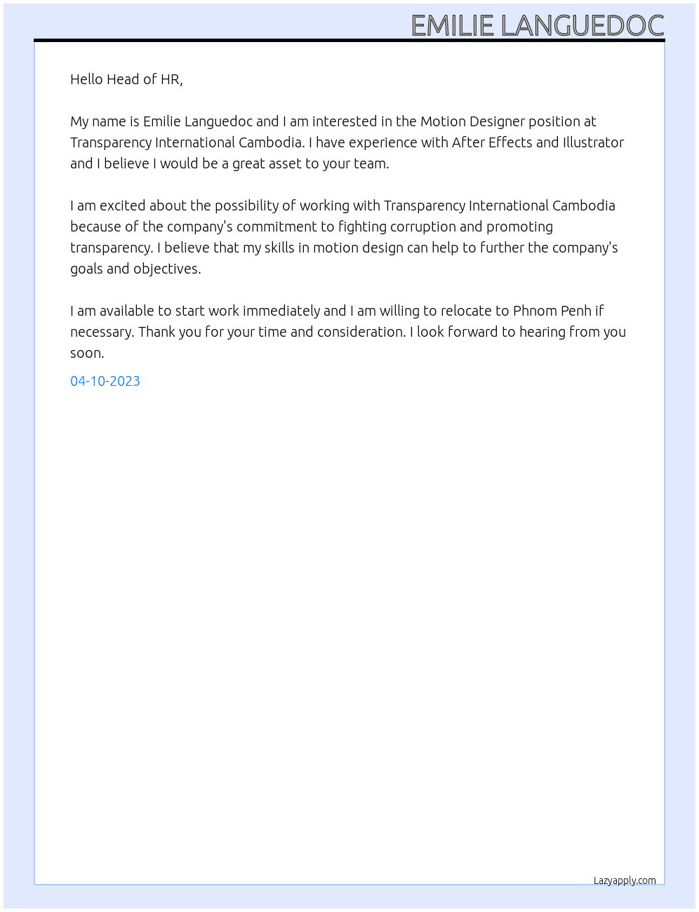 Motion designer At Transparency International Cambodia Cover Letter