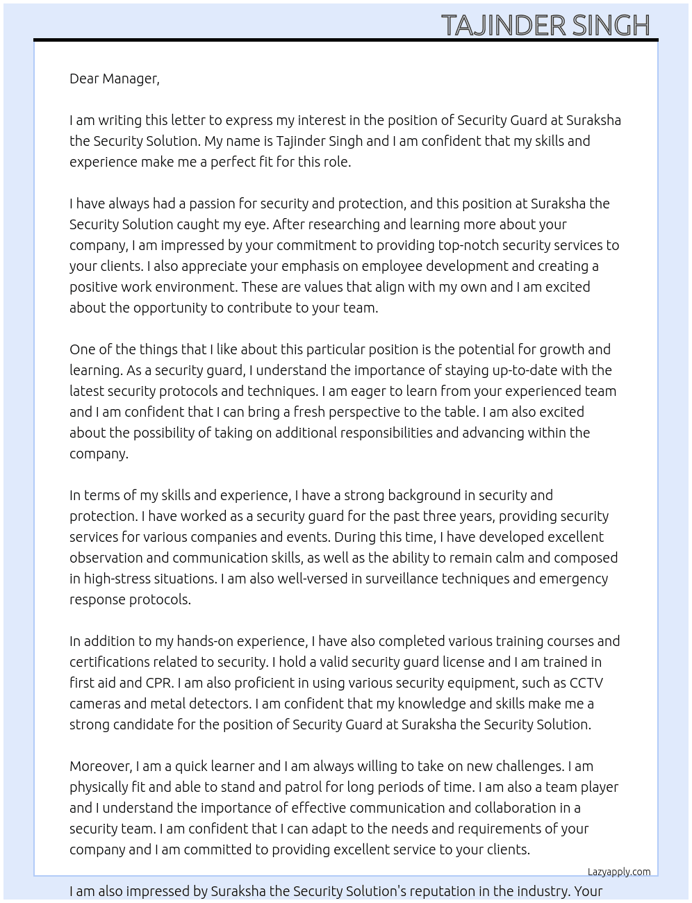 security guard At Suraksha the security solution  Cover Letter
