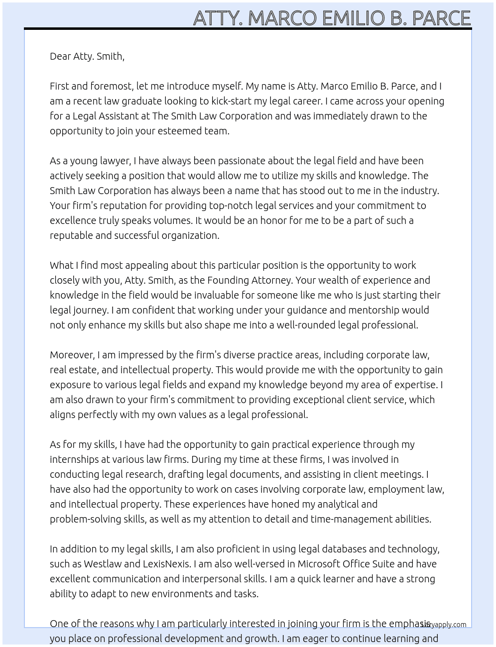 Legal Assistant At The Smith Law Corporation Cover Letter