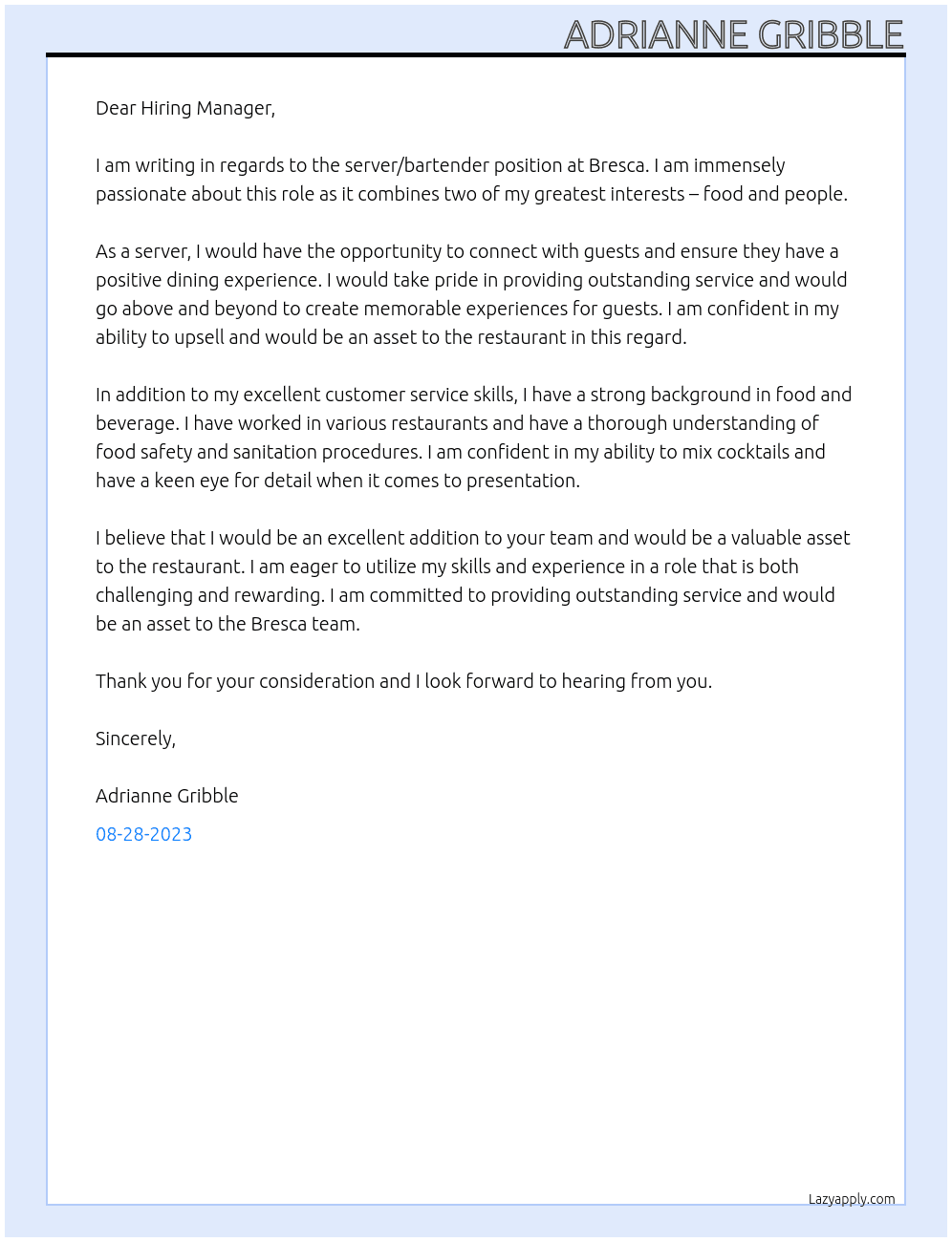 server/bartender At Bresca Cover Letter
