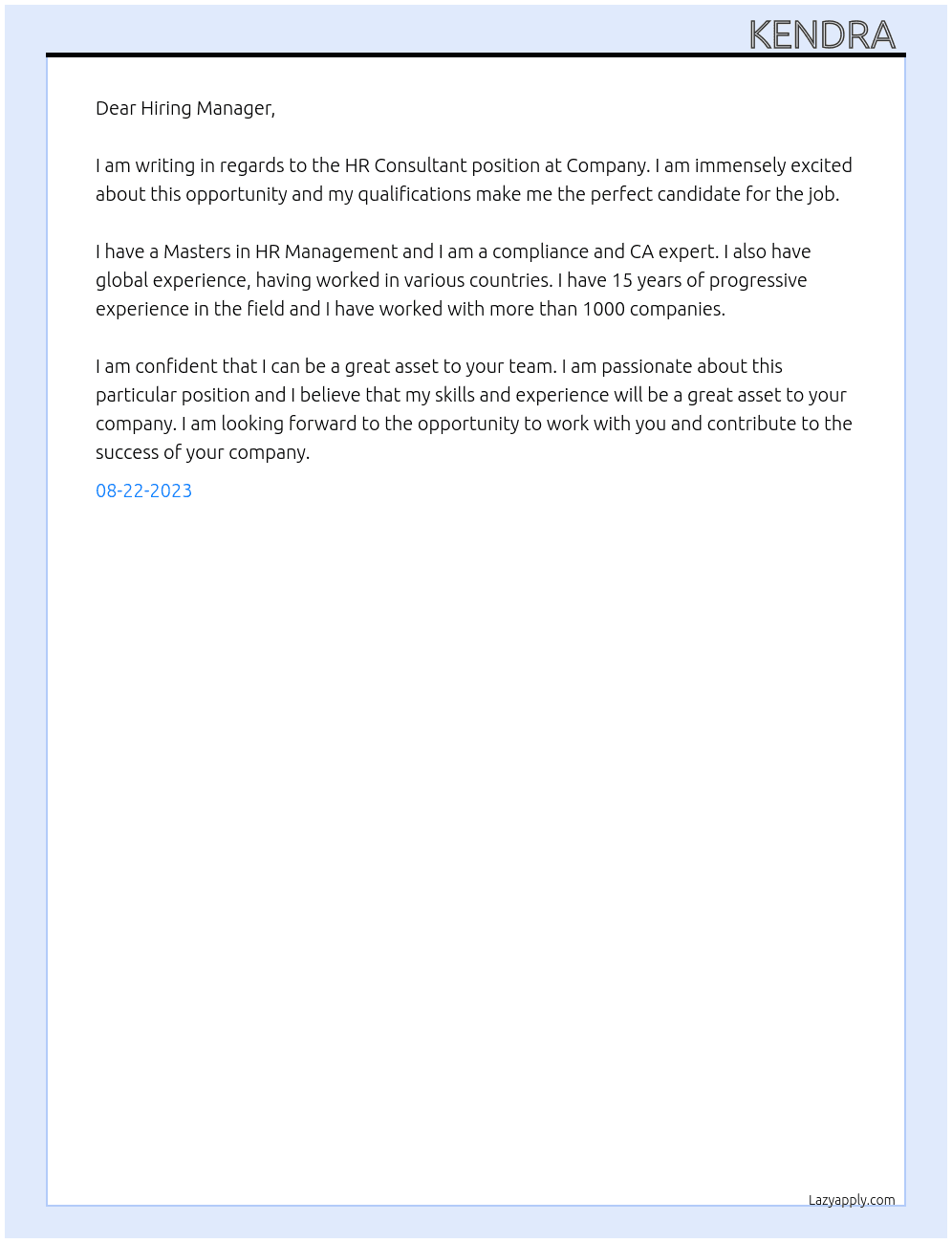 HR Consultant   At Company Cover Letter