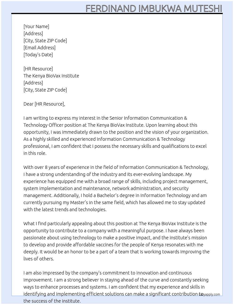 Senior Information Communication & Technology Officer At The Kenya BioVax Institute Cover Letter