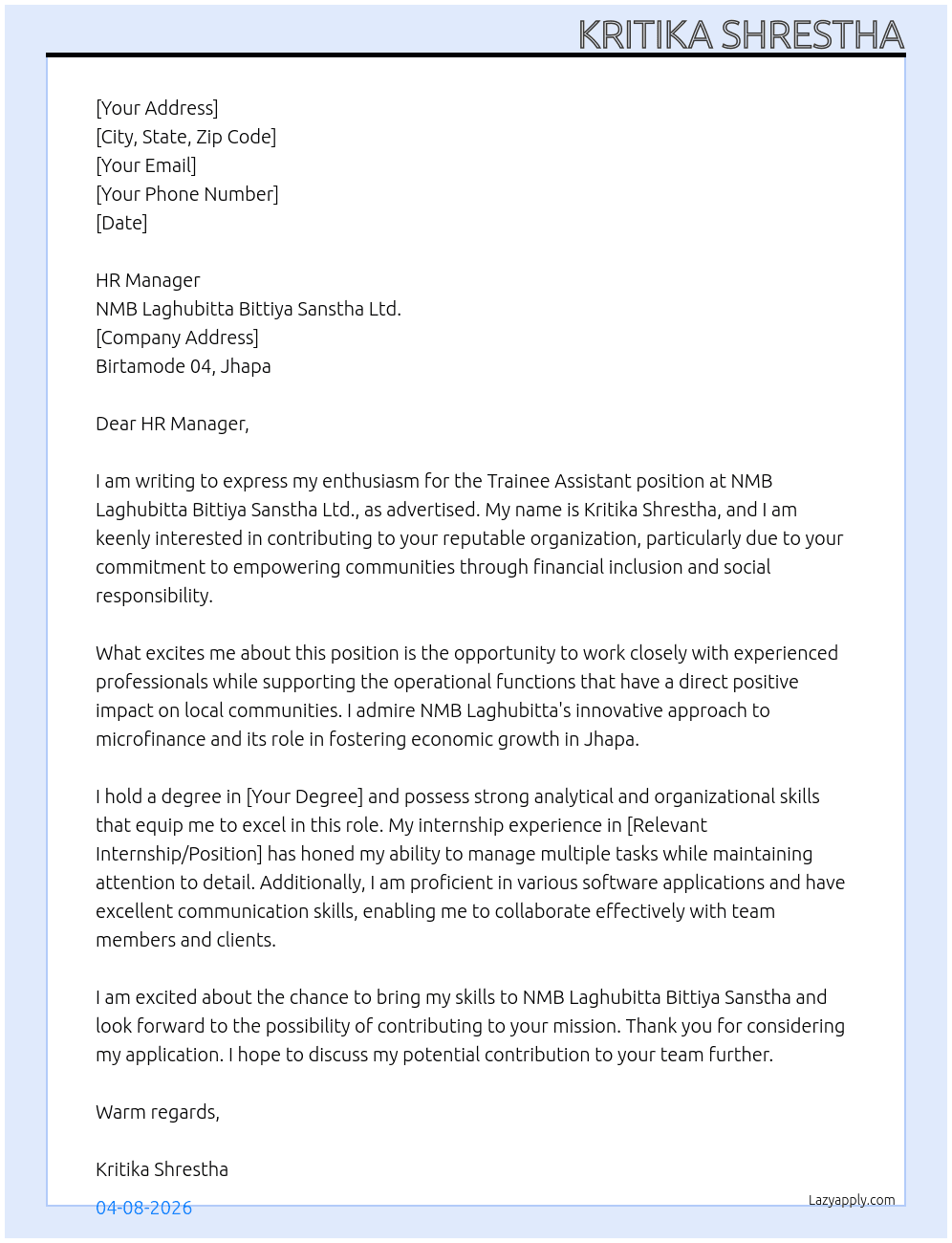 Trainee Assistant  At NMB Laghubitta Bittiya Sanstha Ltd. Cover Letter