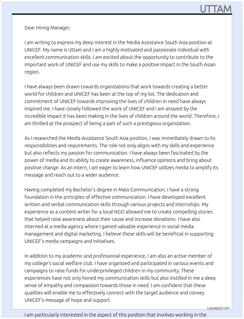 Cover letter for media assistance south asia - LazyApply