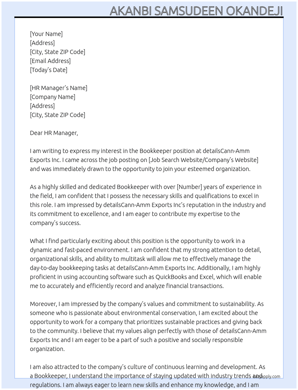 Bookkeeper  At detailsCann-Amm Exports Inc Cover Letter