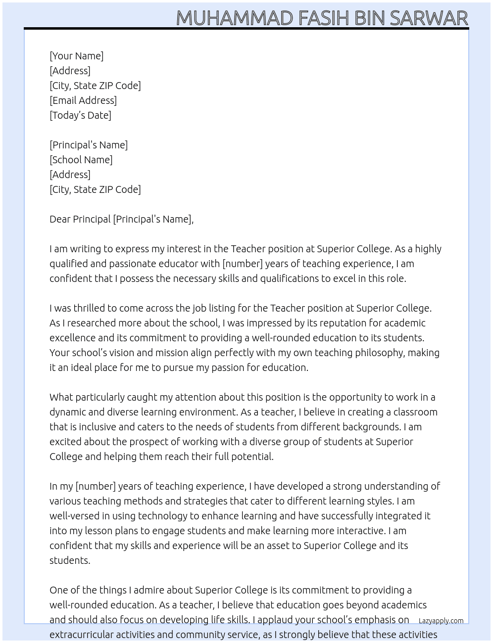 Teacher At Superior College Cover Letter