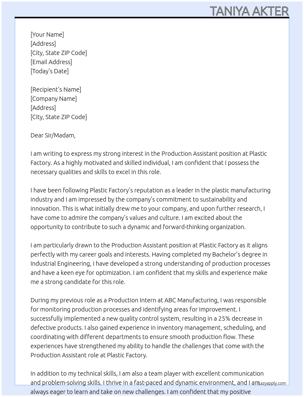 Production Assistant  At Plastic Factory  Cover Letter