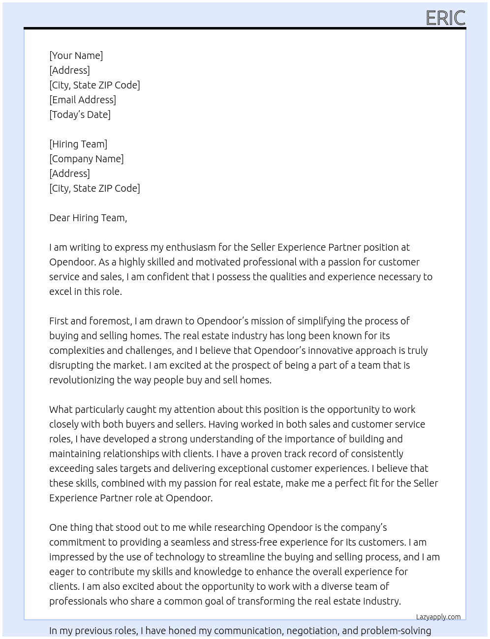 Seller Experience Partner At Opendoor Cover Letter