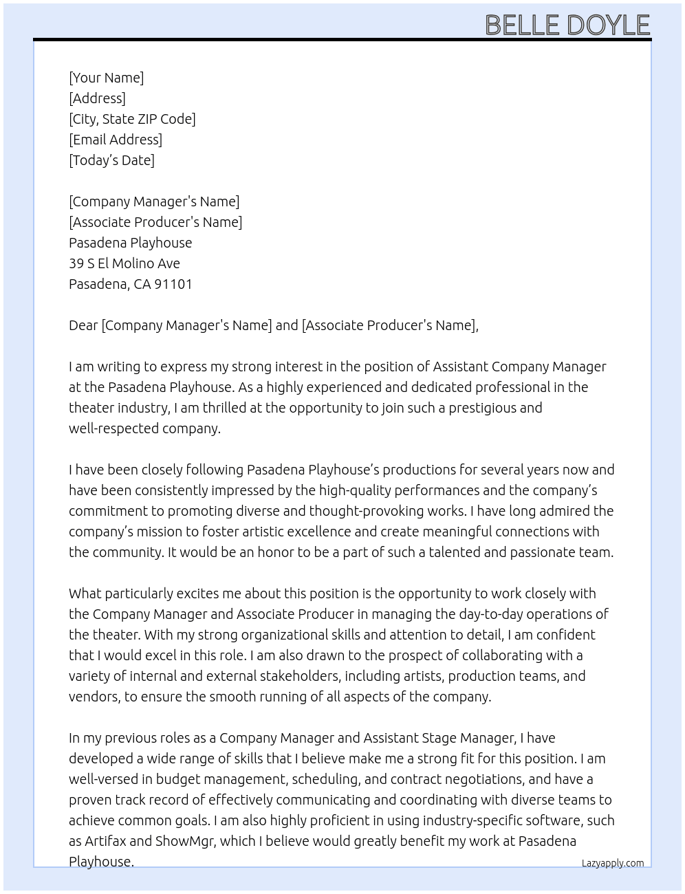 Assistant Company Manager At Pasadena Playhouse Cover Letter