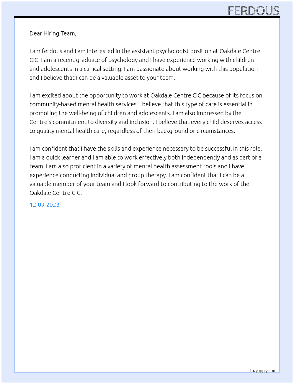 assistant psychologist At Oakdale Centre CiC Cover Letter