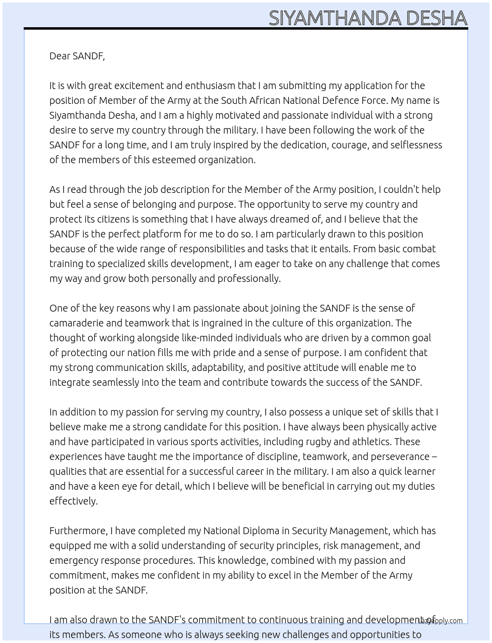Member of the army At South African National Defence Force Cover Letter