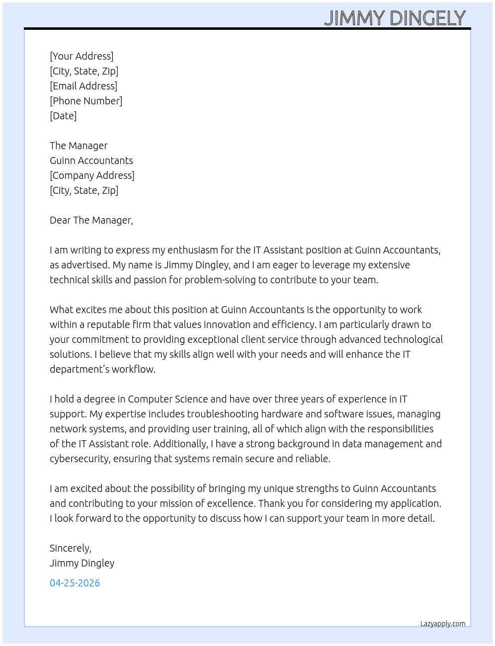 Cover letter for it assistants - LazyApply
