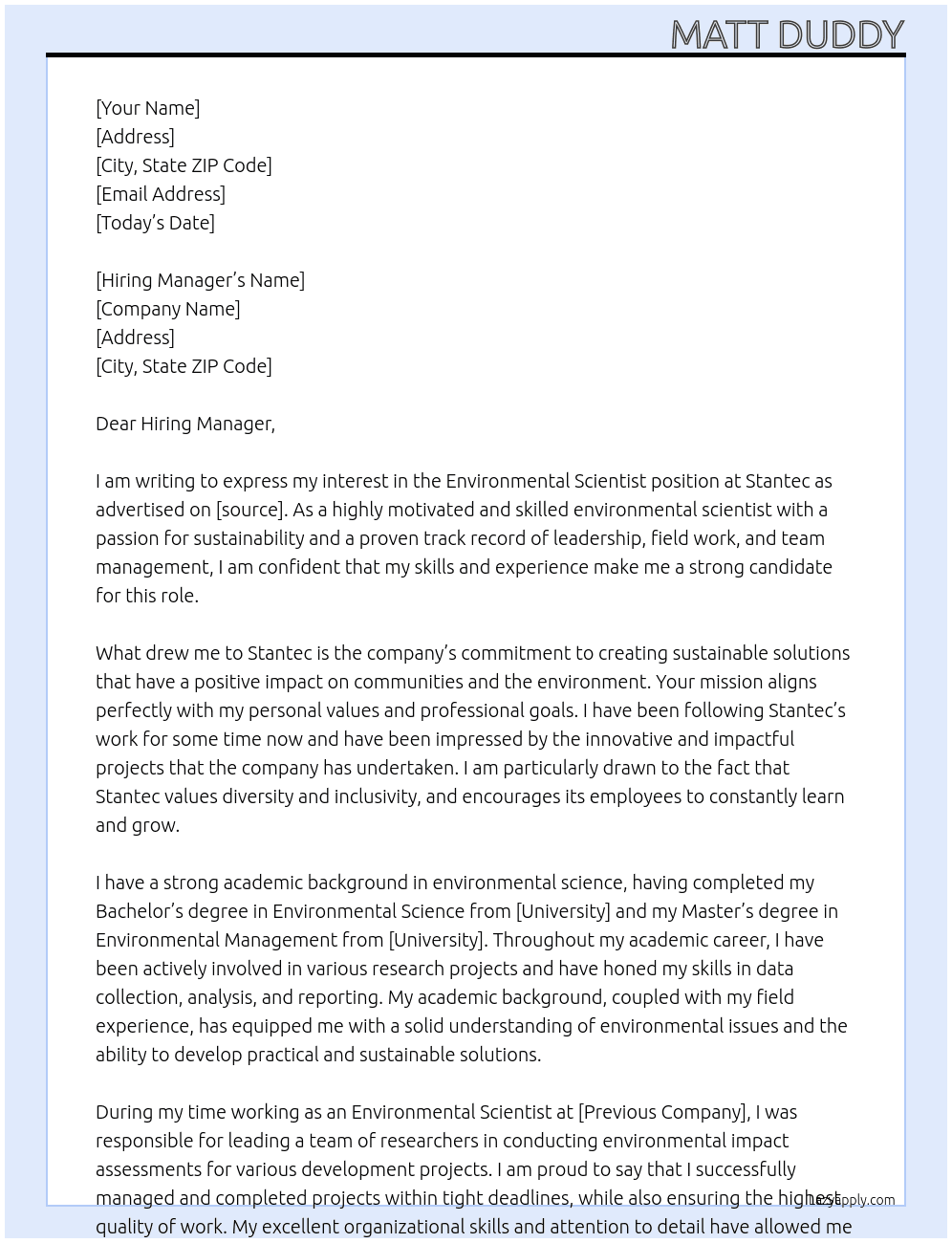 Environmental Scientist At Stantec Cover Letter