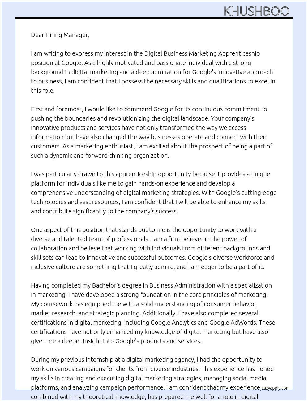 digital business marketing apprenticeship  At google Cover Letter
