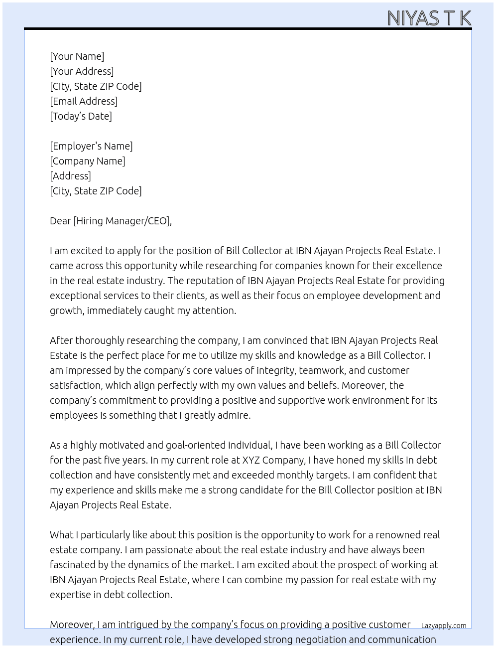 Bill Collector At IBN Ajayan Projects Real Estate Cover Letter