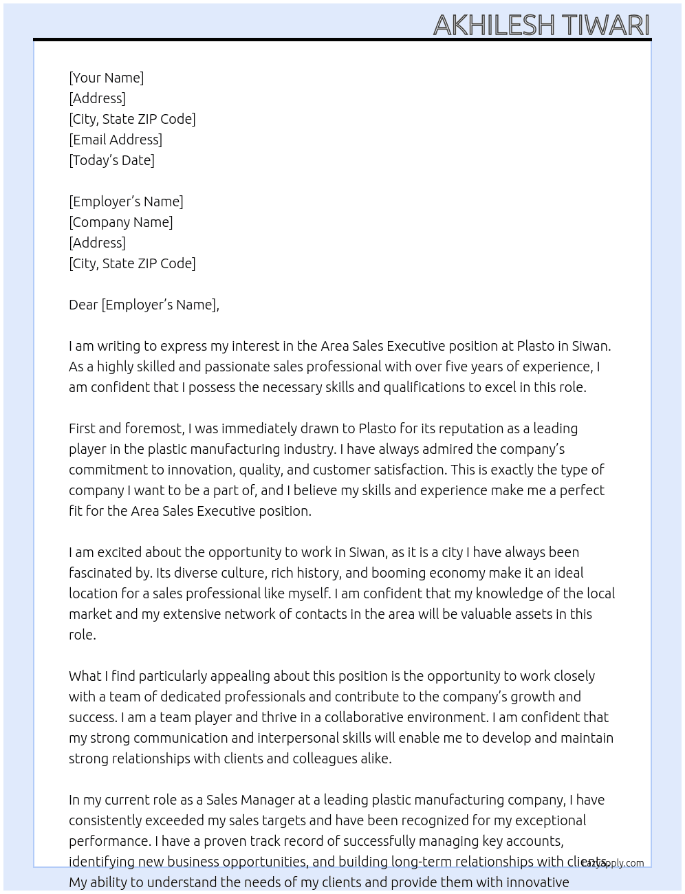 Area sales executive At Plasto Cover Letter