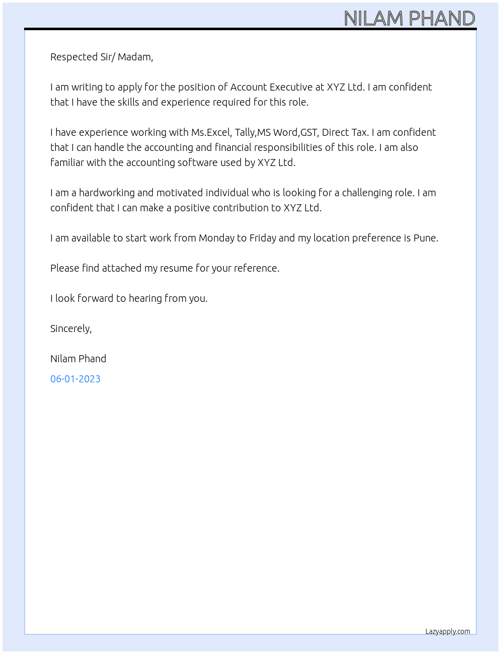 Account Executive  At XYZ ltd. Cover Letter
