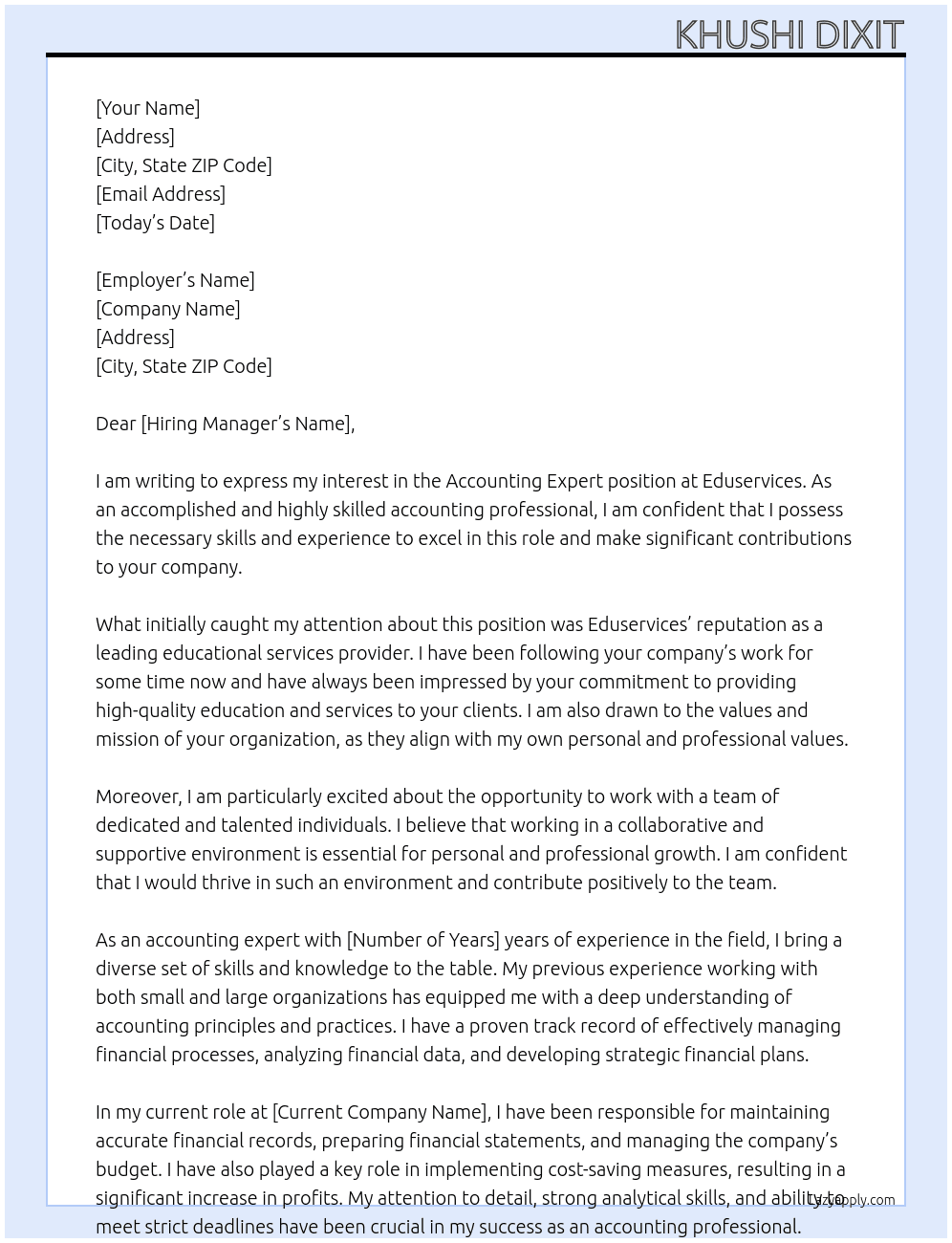 Accounting expert At Eduservices Cover Letter