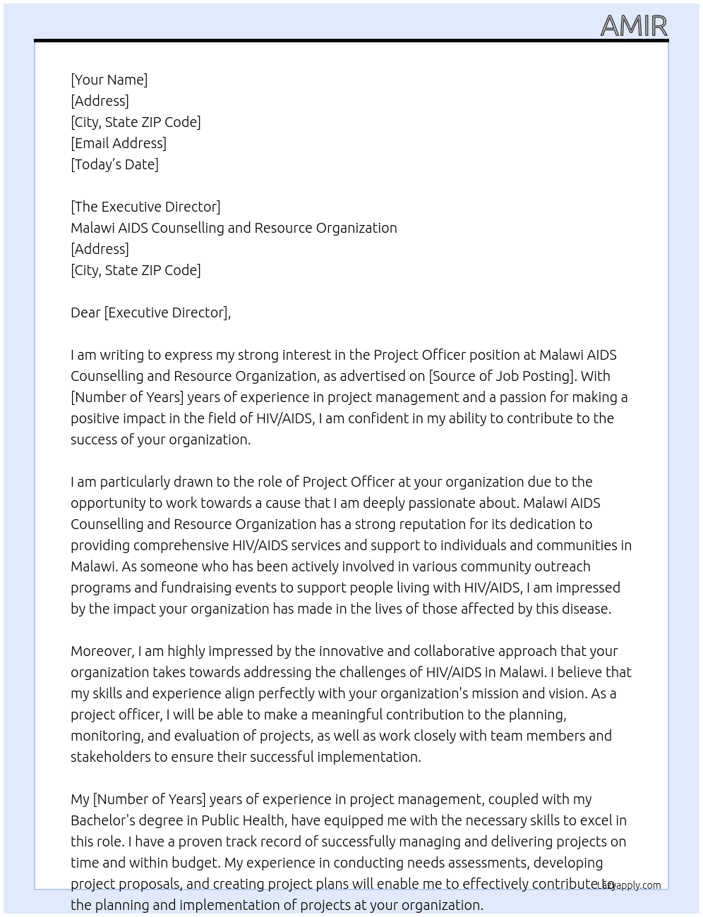 Project officer  At Malawi AIDS Counselling and Resource Organization Cover Letter