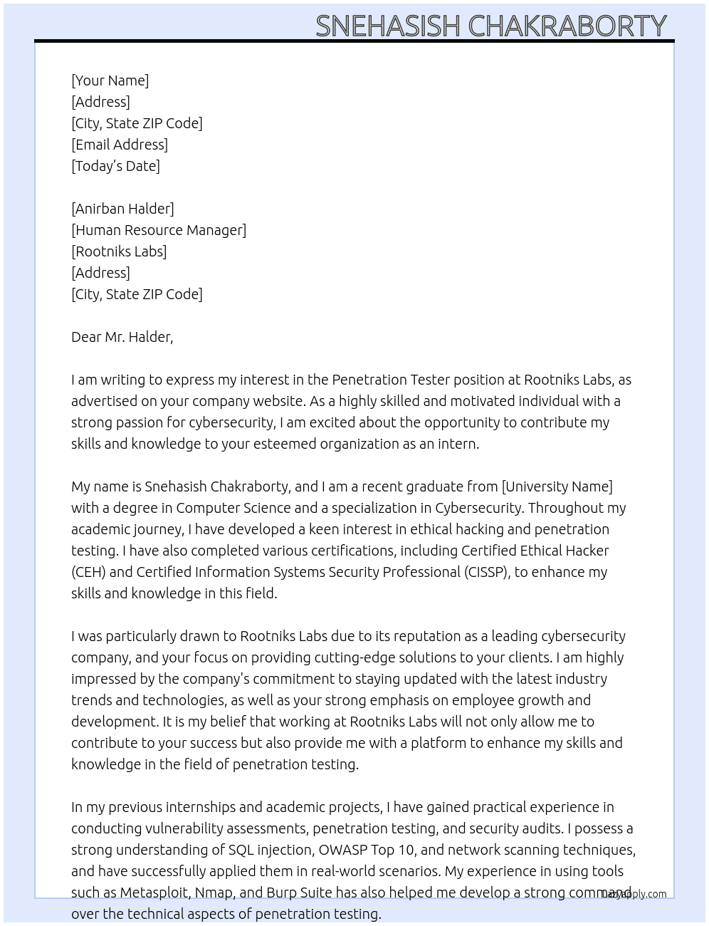 Penetration tester At Rootniks labs Cover Letter