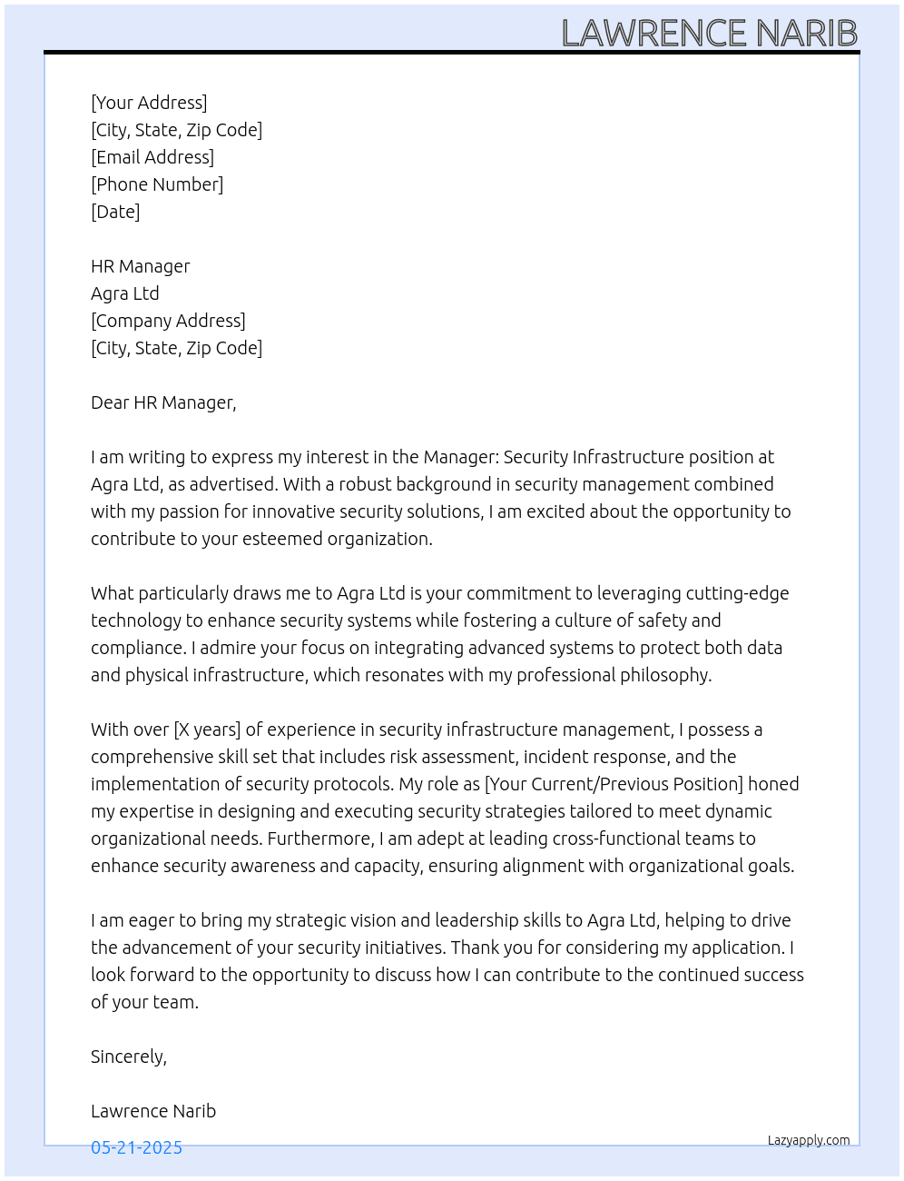 Manager: Security Infrastructure At Agra Ltd Cover Letter