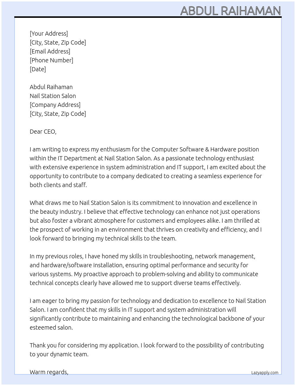 compuert software & hardware  At Nail Station Salon  System Admin & IT Support – IT Department Cover Letter