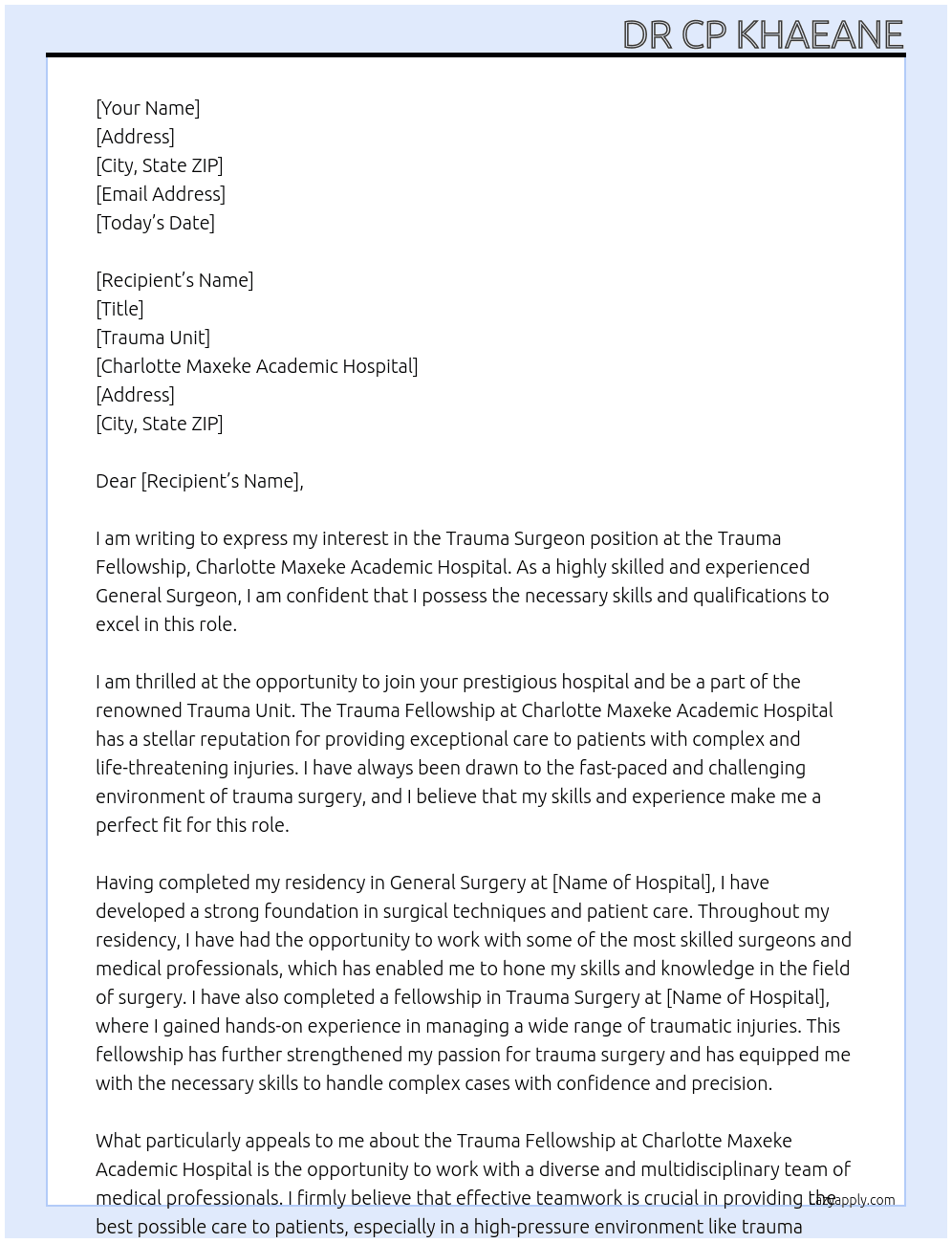 Trauma Surgeon At Trauma Fellowship, Charlotte Maxeke Academic Hospital Cover Letter