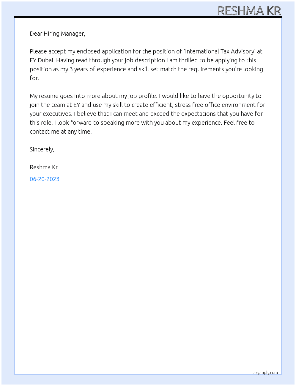 International Tax Advisory  At Ey Dubai  Cover Letter