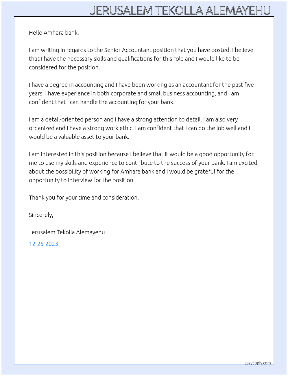 Senior Accountant  At Amhara bank  Cover Letter