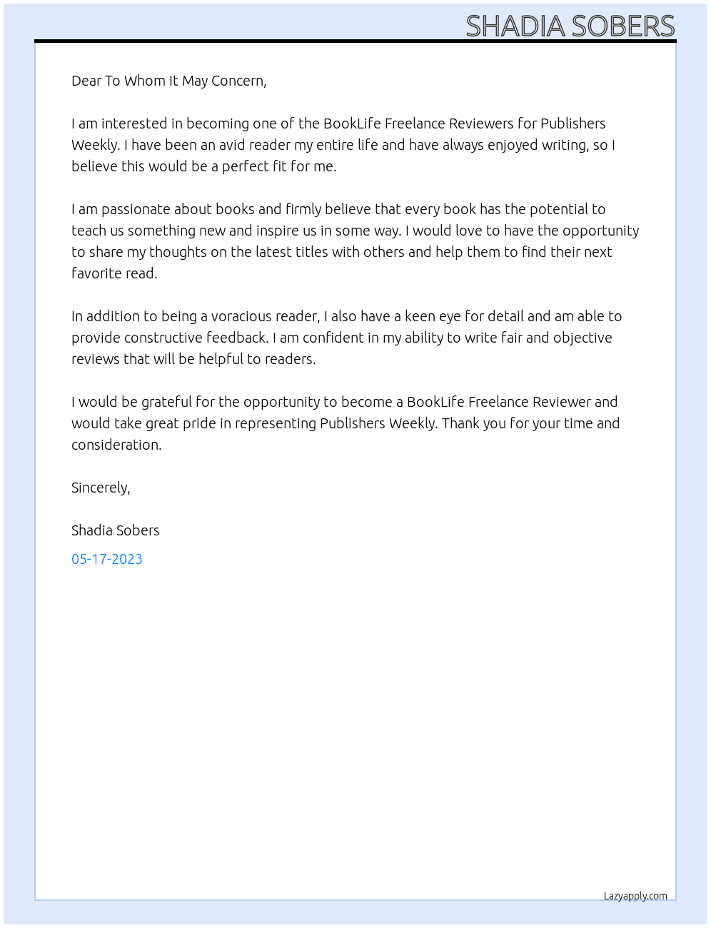 BookLife Freelance Reviewers At Publishers Weekly Cover Letter