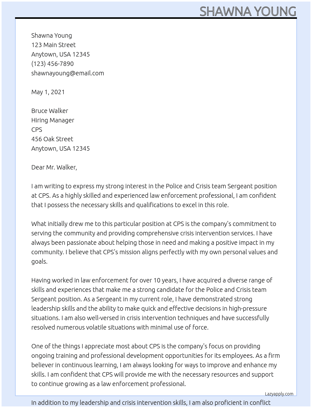 Police and Crisis team Sergeant  At cps Cover Letter