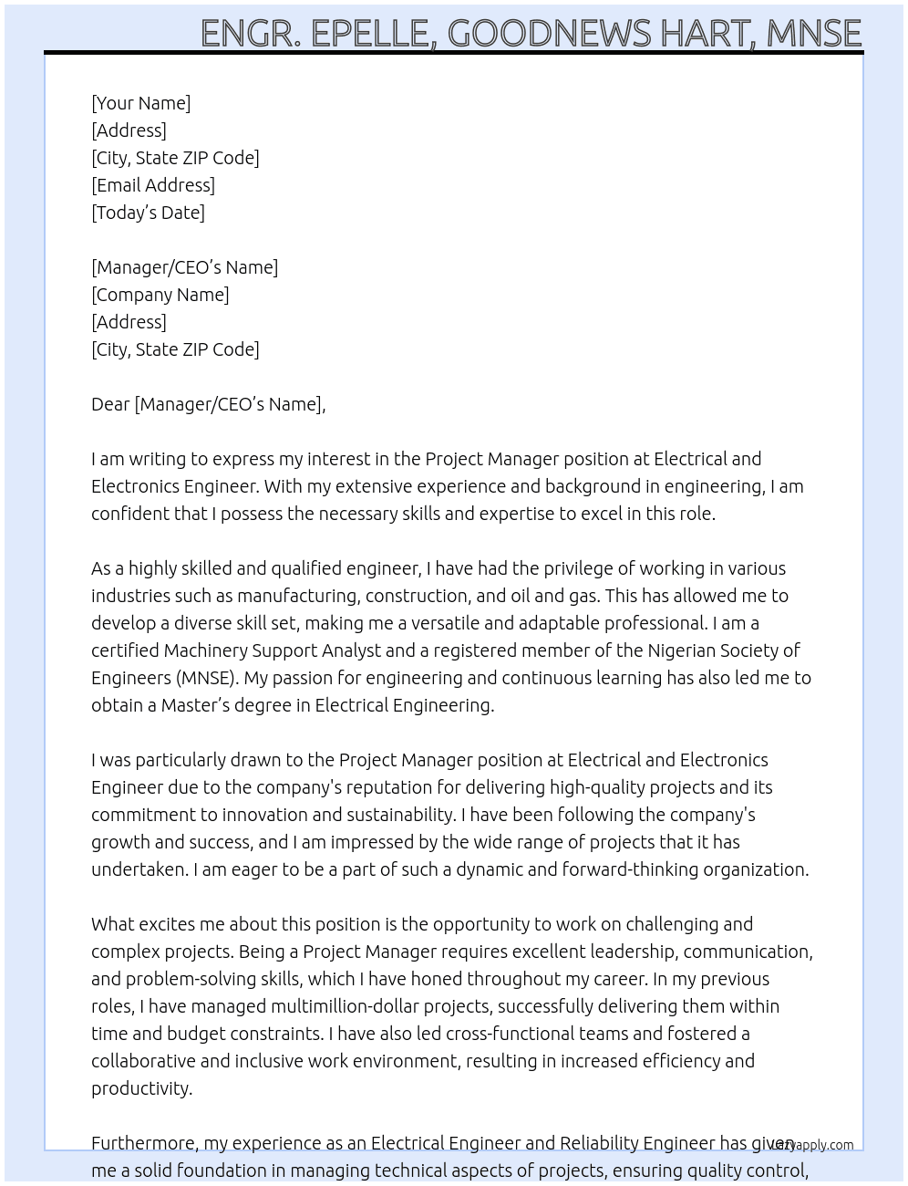 Project Manager  At Electrical and Electronics Engineer Cover Letter