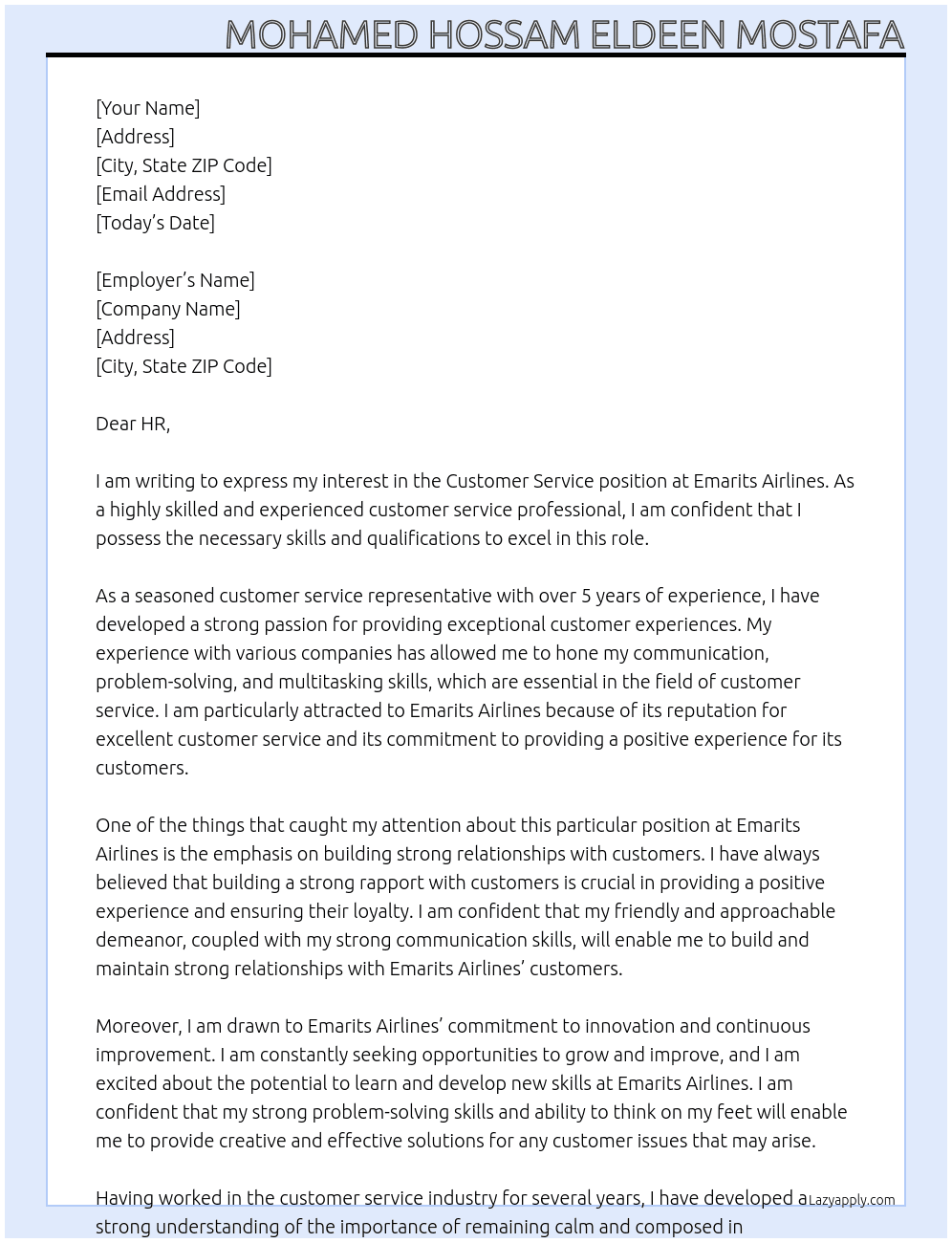 Customer service  At Emarits airlines  Cover Letter