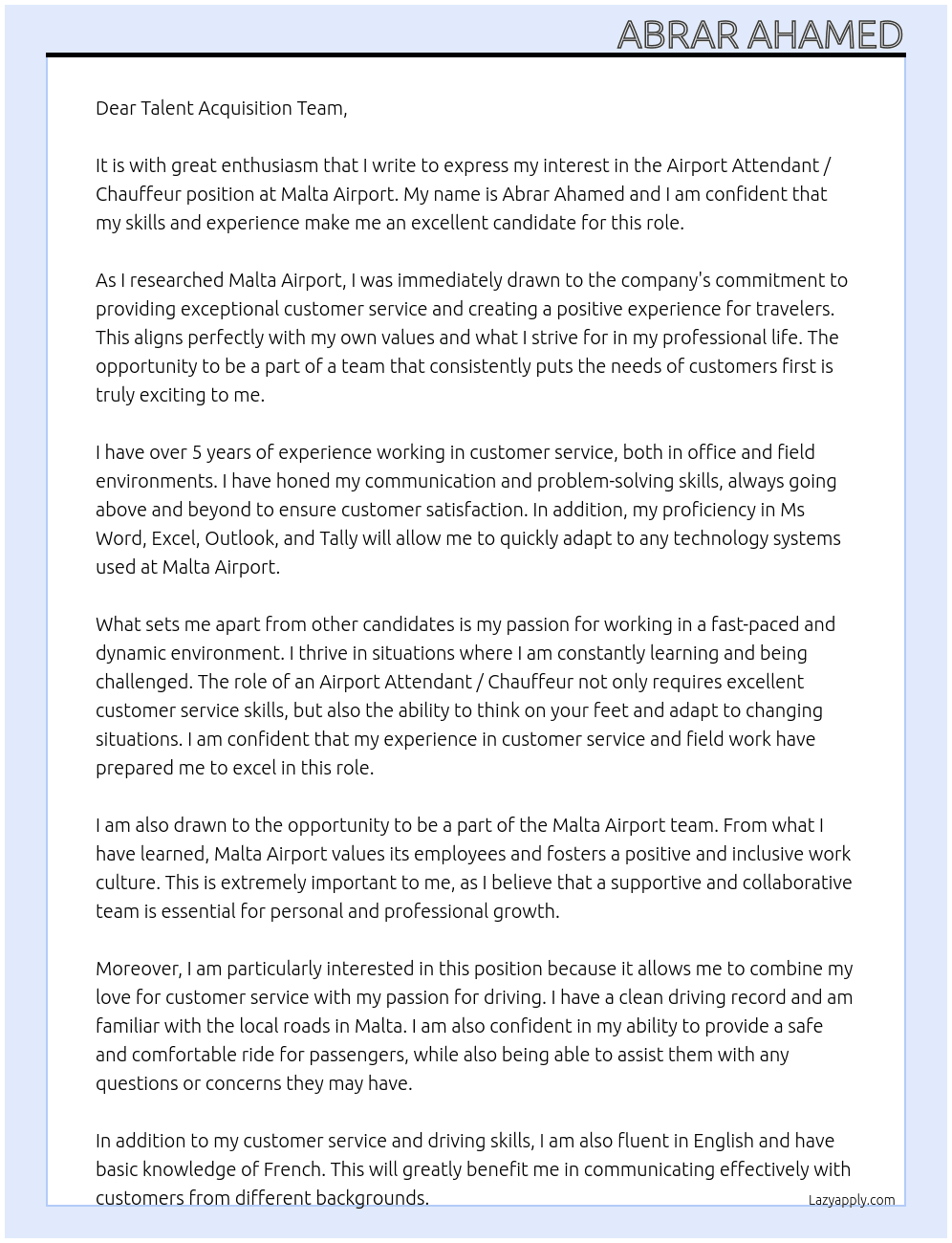 Airport Attendant / Chauffeur At Malta Airport Cover Letter