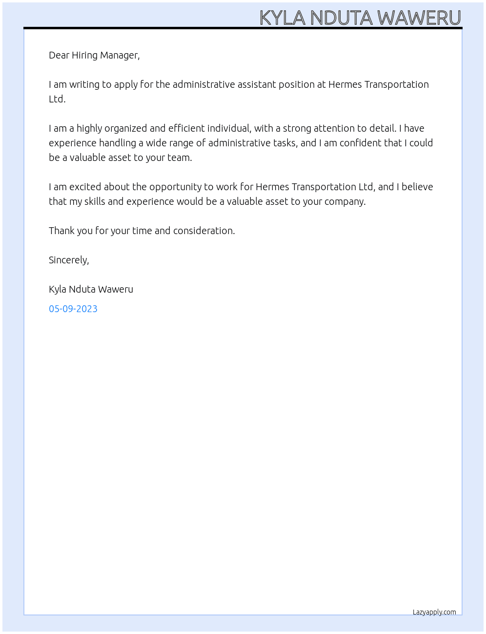 administrative assistant At HERMES TPANSPORTATION LTD Cover Letter