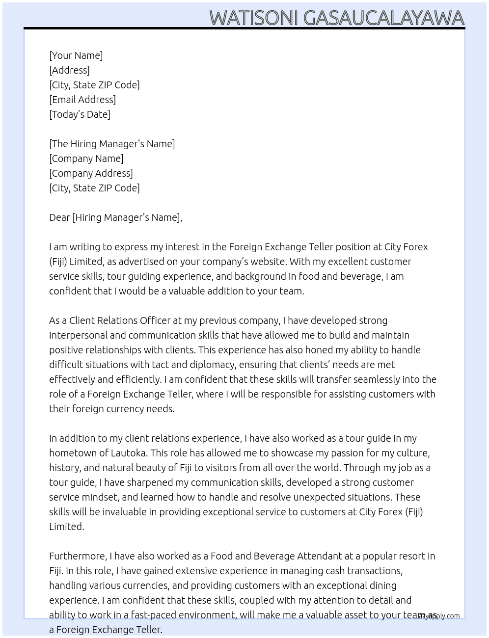 Cover letter for foreign exchange teller - LazyApply