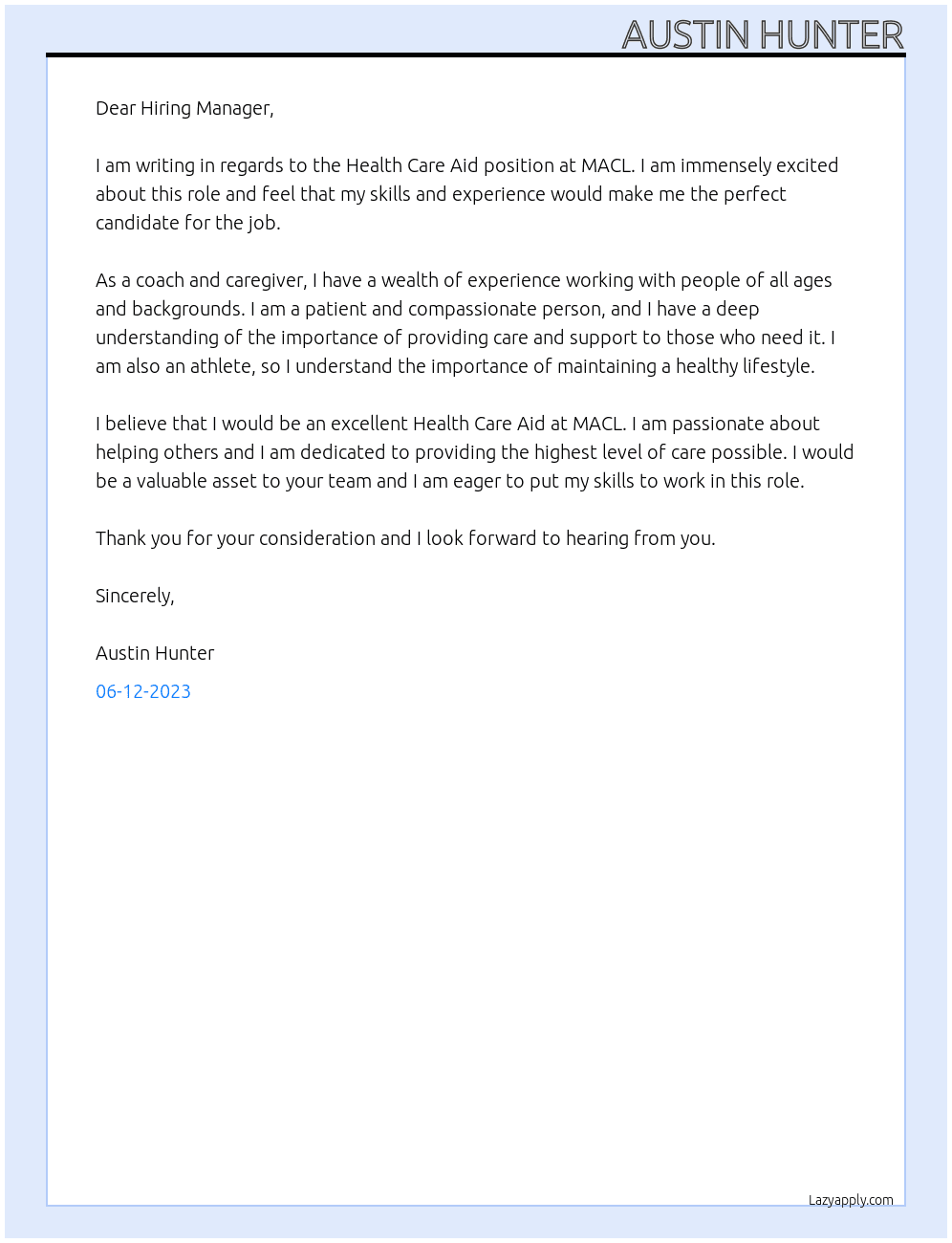 Health Care Aid At MACL Cover Letter