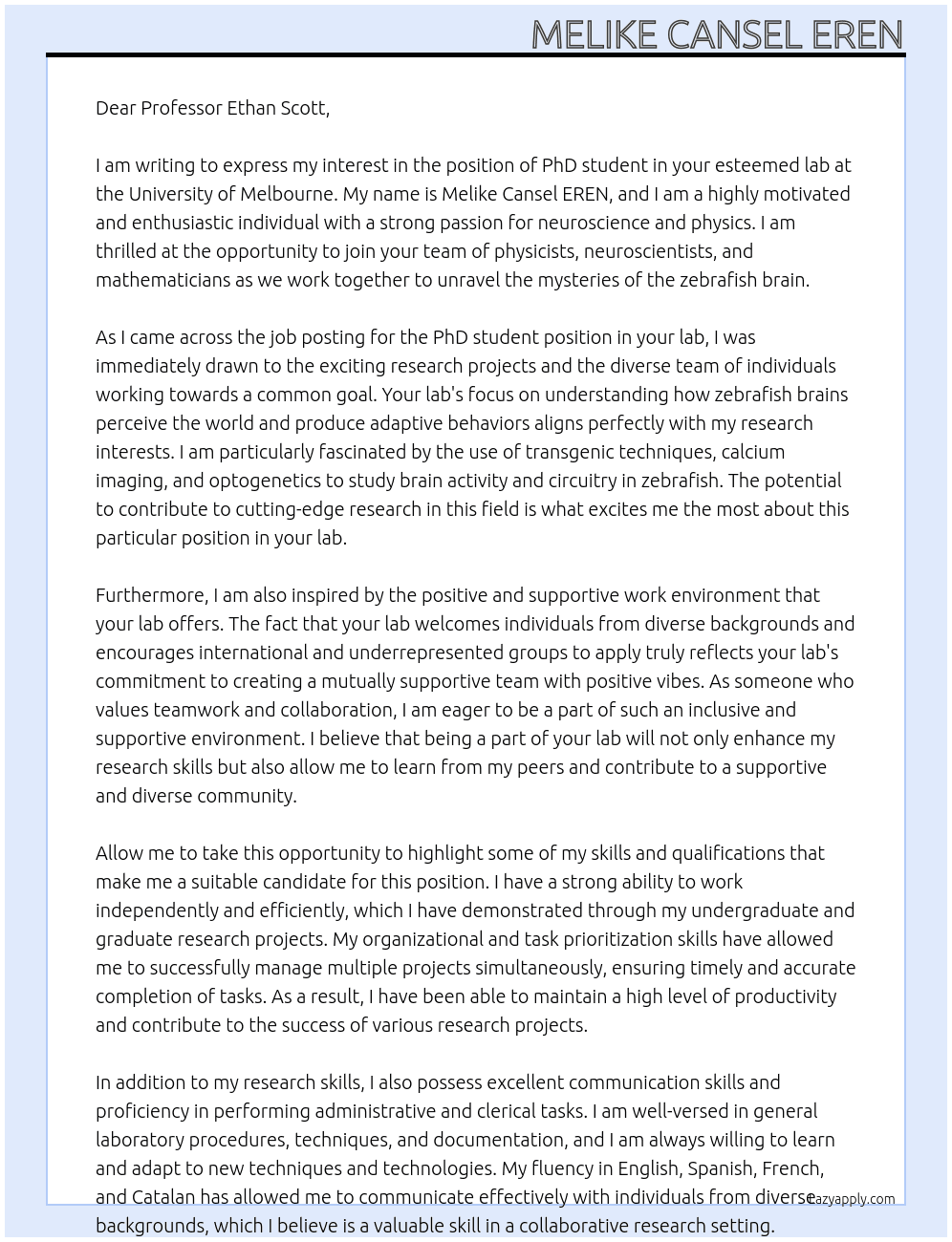 PhD Student  At Ethan Scott's Lab- The University of Melbourne Cover Letter