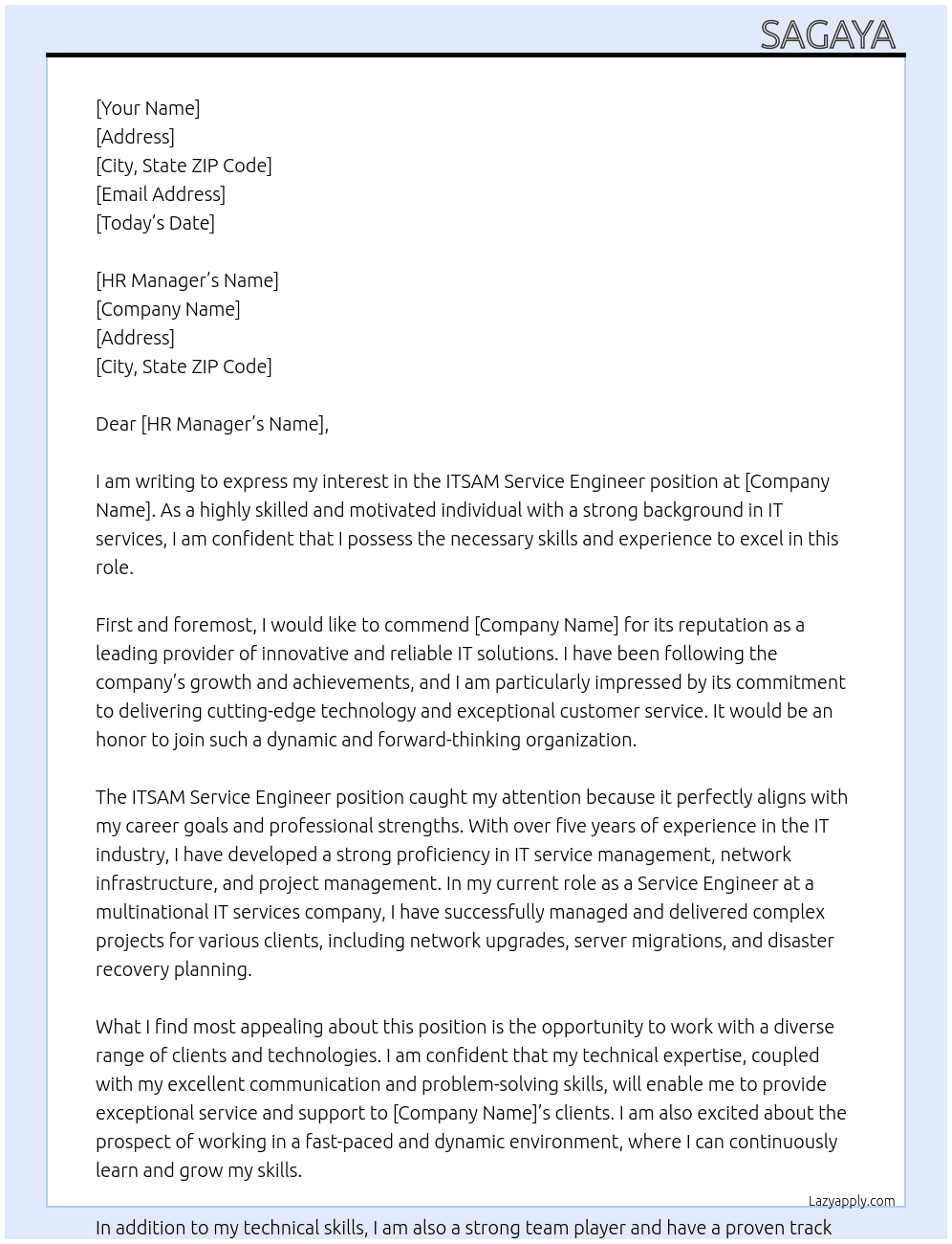ITSAM Service Engineer At Singtel Cover Letter