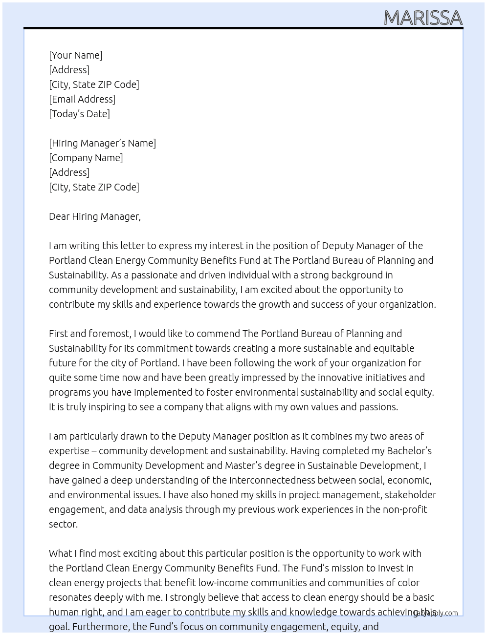 Deputy Manager of the Portland Clean Energy Community Benefits Fund At The Portland Bureau of Planning and Sustainability Cover Letter