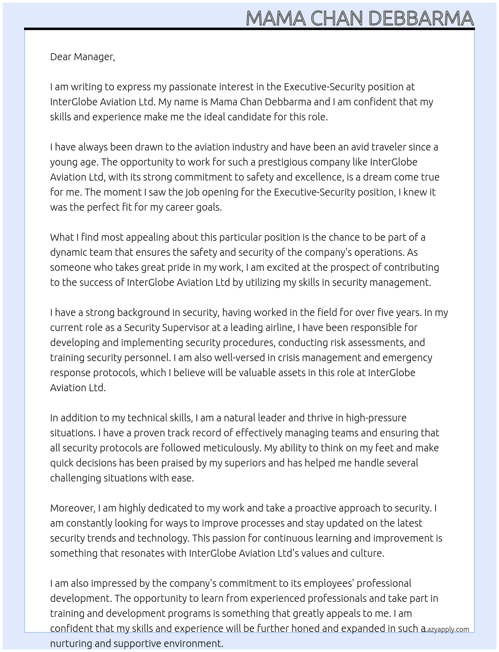 Executive-security At  InterGlobe Aviation Ltd Cover Letter