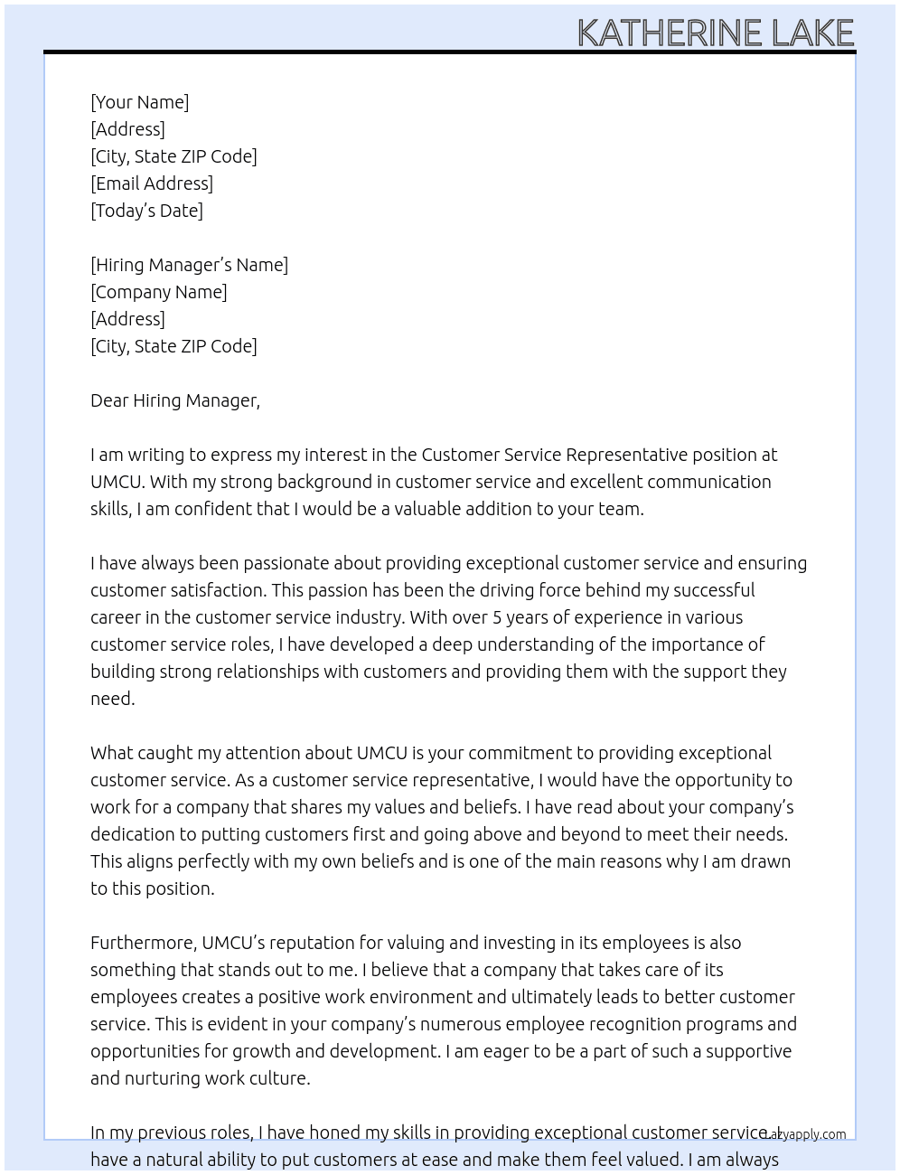 Customer Service Representative At UMCU Cover Letter