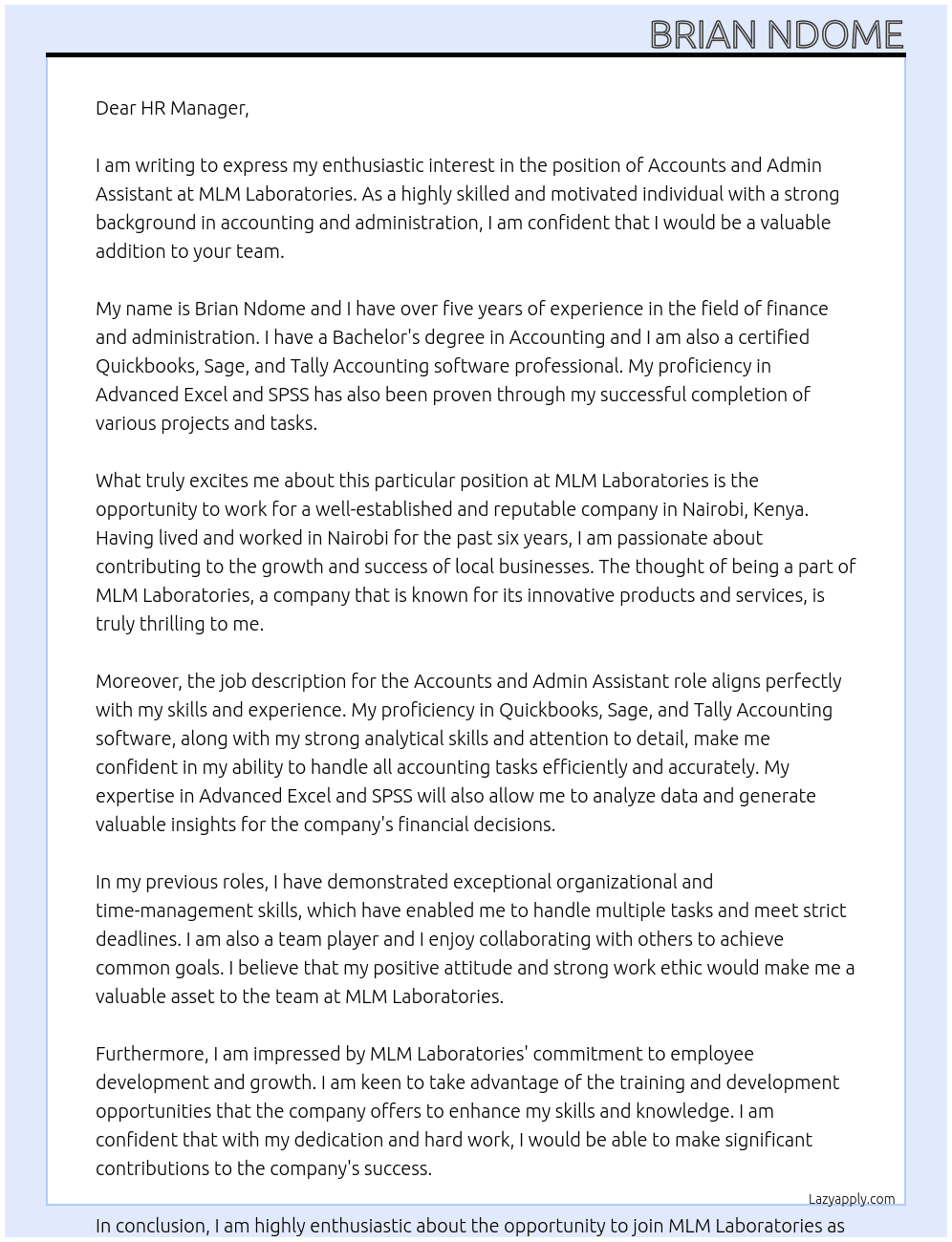 Accounts and admin Assistant At MLM Laboratories Cover Letter