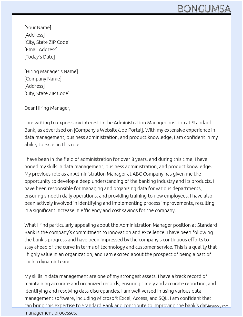 Administration Manager At Standard Bank Cover Letter