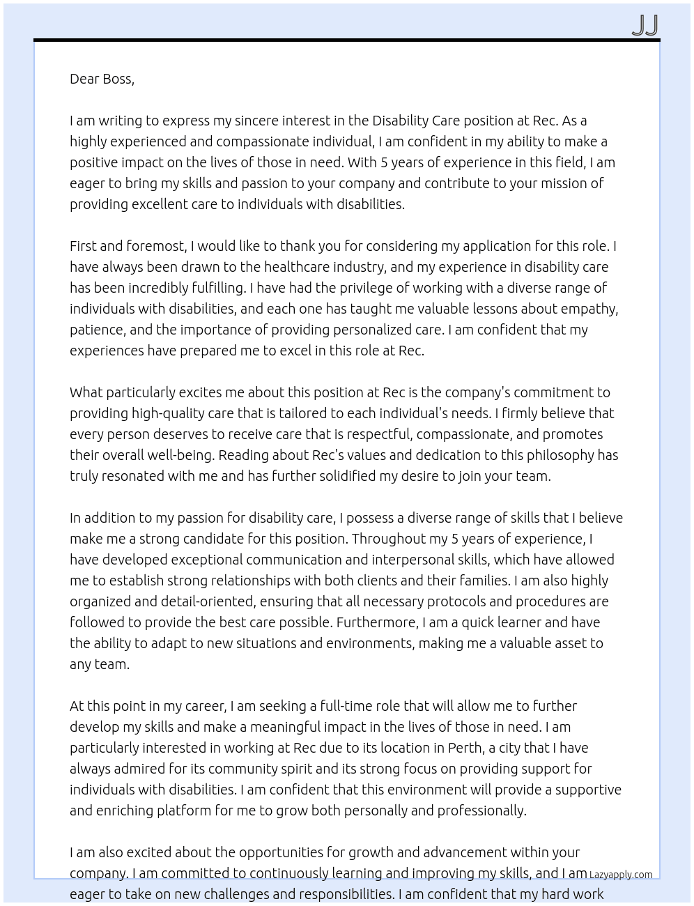 Disability care At Rec Cover Letter
