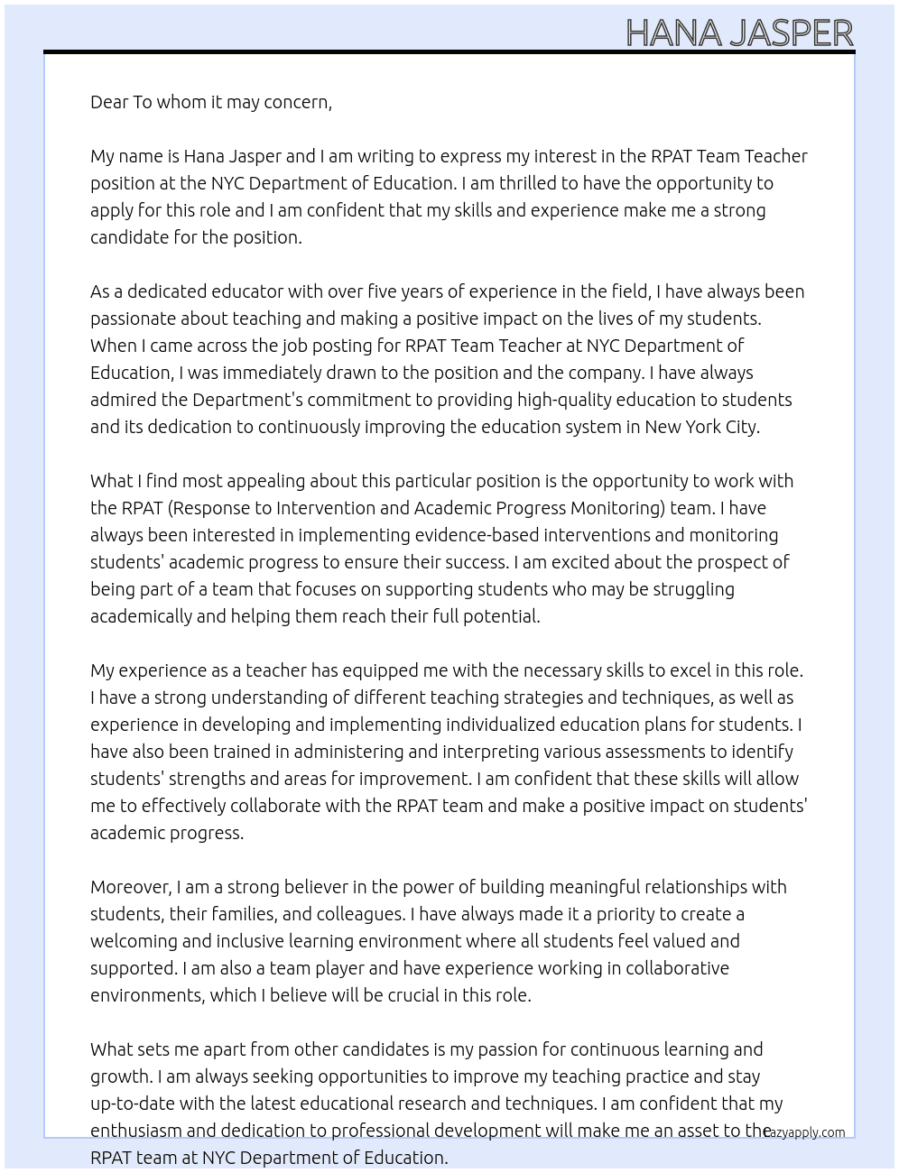 RPAT Team Teacher At NYC Department of Education Cover Letter
