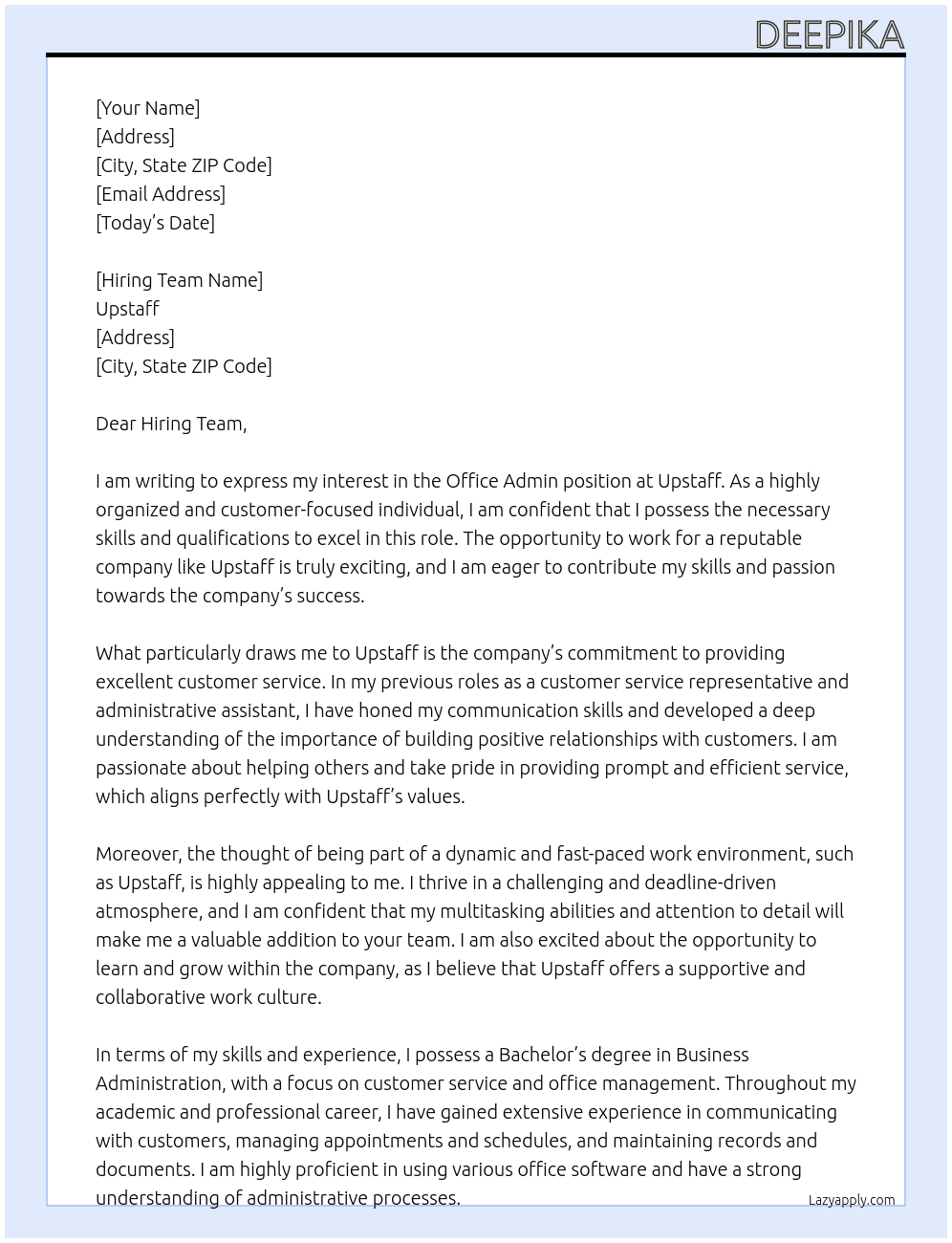 office admin  At upstaff  Cover Letter