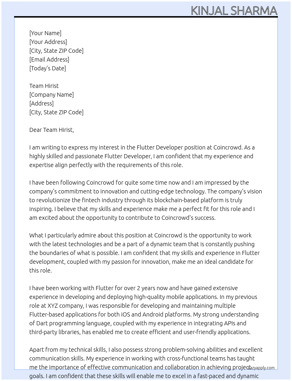 Flutter Developer At Coincrowd Cover Letter