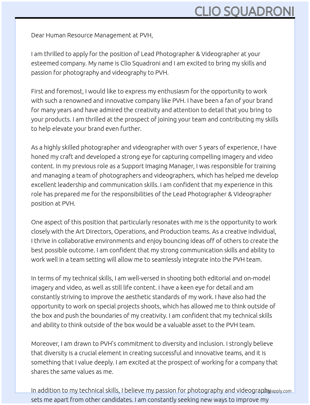 Lead Photographer & Videographer At PVH Cover Letter
